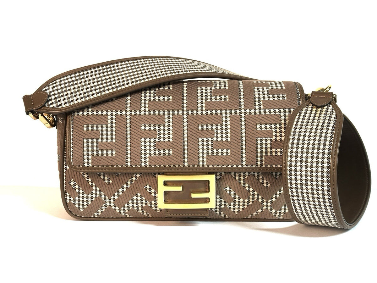 Fendi Baguette Medium Umhängetasche Braun & Gold Wolle Top Zustand