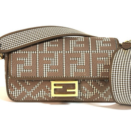 Fendi Baguette Medium Umhängetasche Braun & Gold Wolle Top Zustand