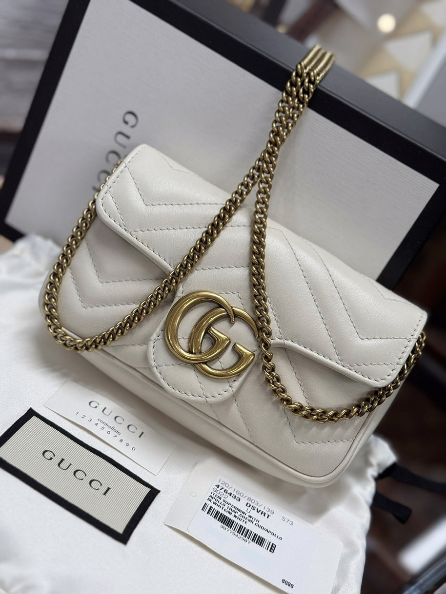 Gucci GG Marmont Mini-Schultertasche Leder Weiss/Gold 476433