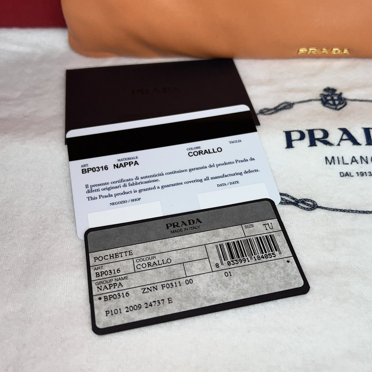 Prada Damen Clutch Abendtäschchen Pochette BP0316 Nappa Corallo Apricot