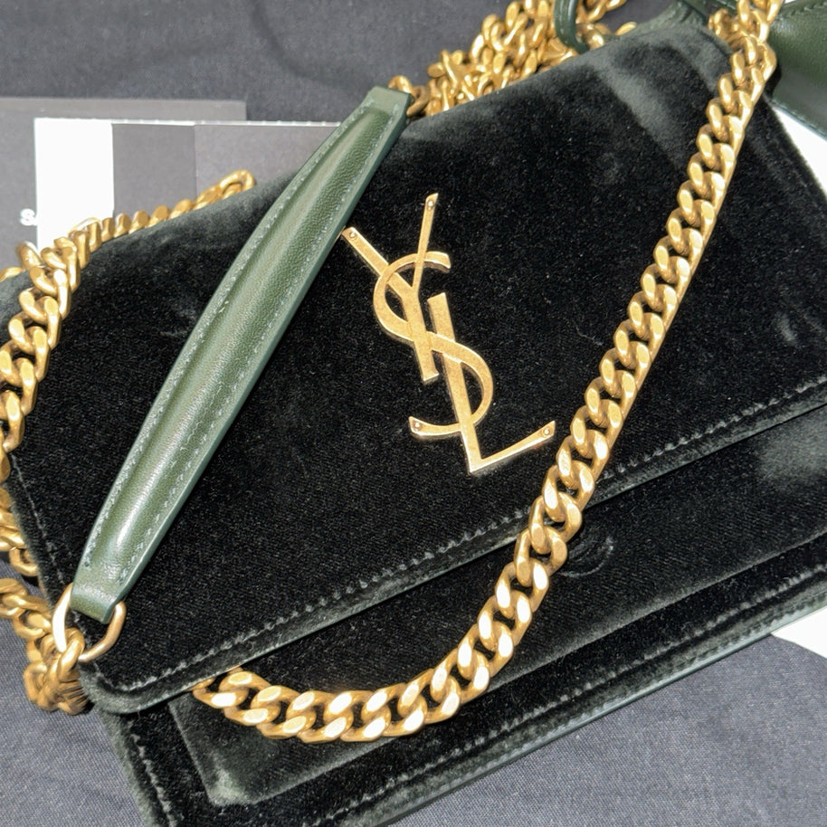 Saint Laurent Sunset Small Crossbody Bag Velvet Samt Dark Green