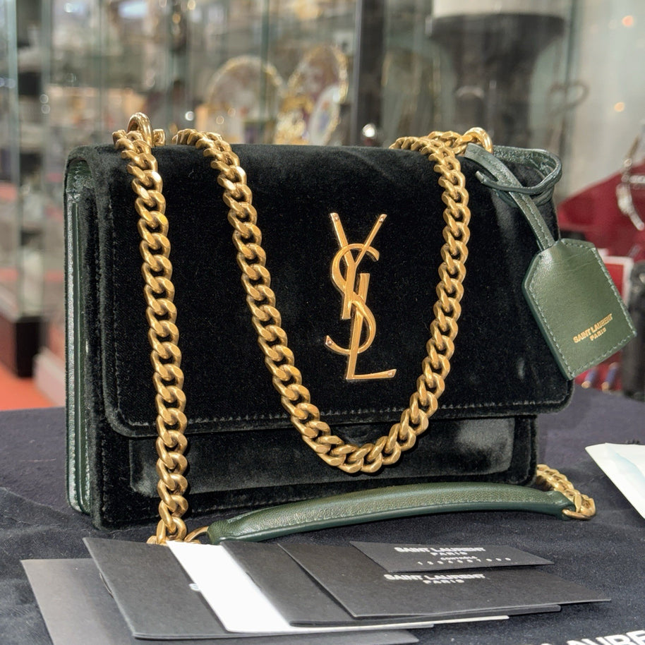 Saint Laurent Sunset Small Crossbody Bag Velvet Samt Dark Green