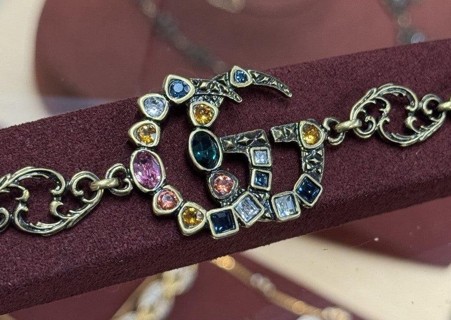 Gucci GG Multicolor Crystal Gemstones Double G Charm Bracelet Armband