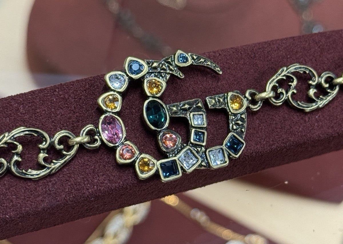 Gucci GG Multicolor Crystal Gemstones Double G Charm Bracelet Armband