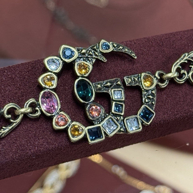 Gucci GG Multicolor Crystal Gemstones Double G Charm Bracelet Armband