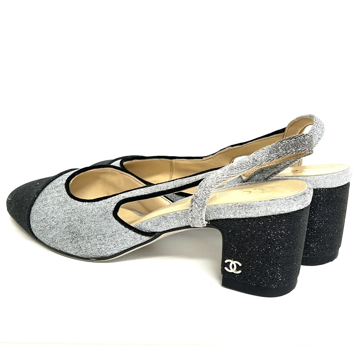 Chanel Paris Glitzer Glitter Pumps Gr. 38 Damenschuhe CC Silber/Schwarz