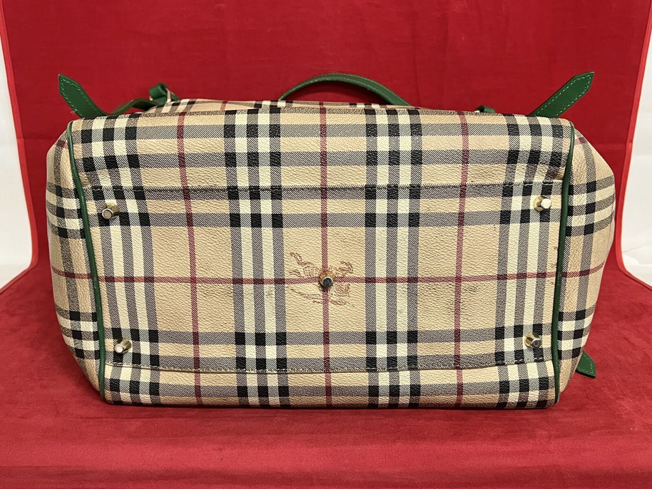 Große Burberry Shopper Damen Schultertasche Leder Beige & Grün Nova Check