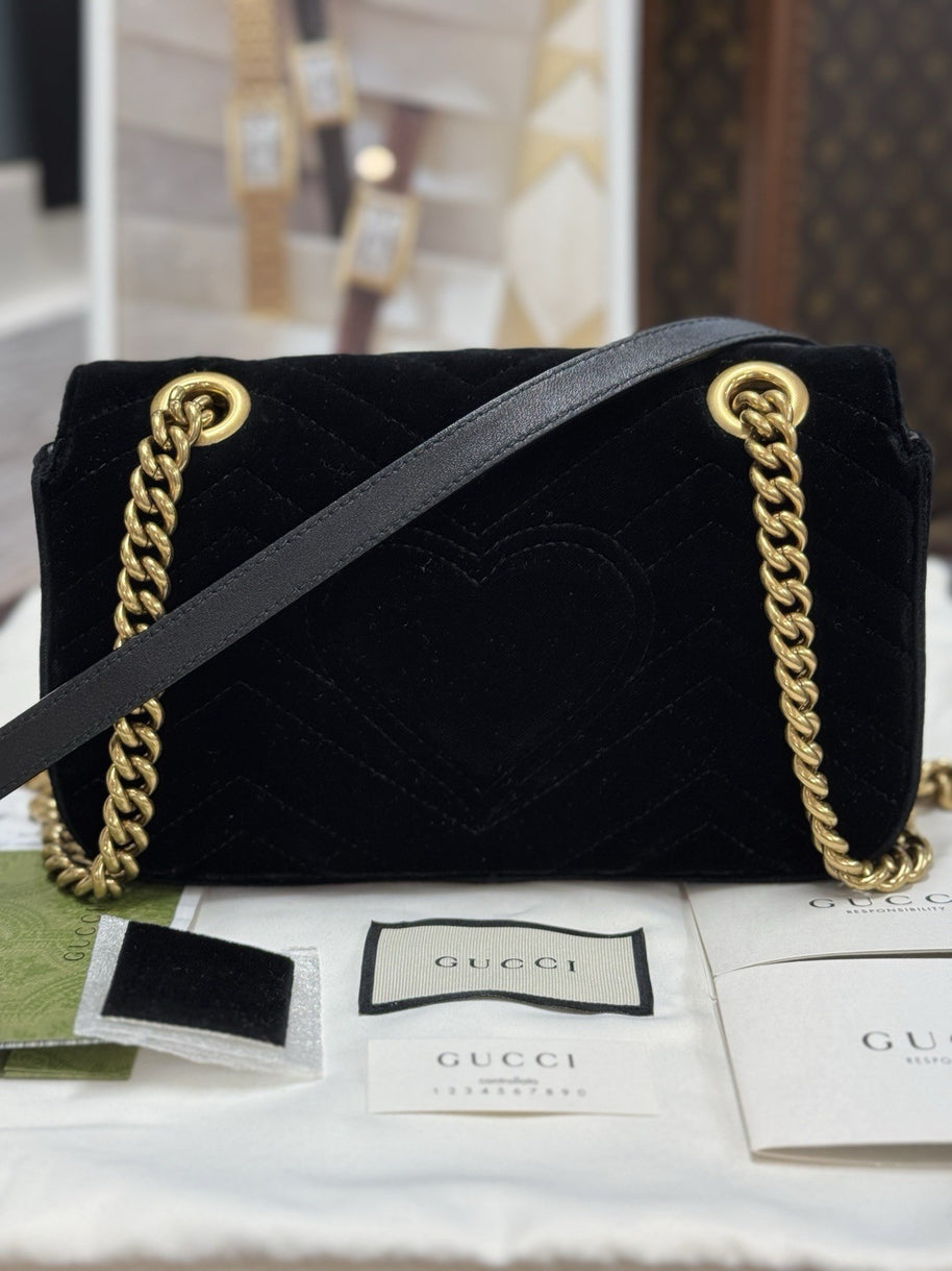 Gucci Kleine GG Marmont Schultertasche Samt Schwarz/Gold 446744