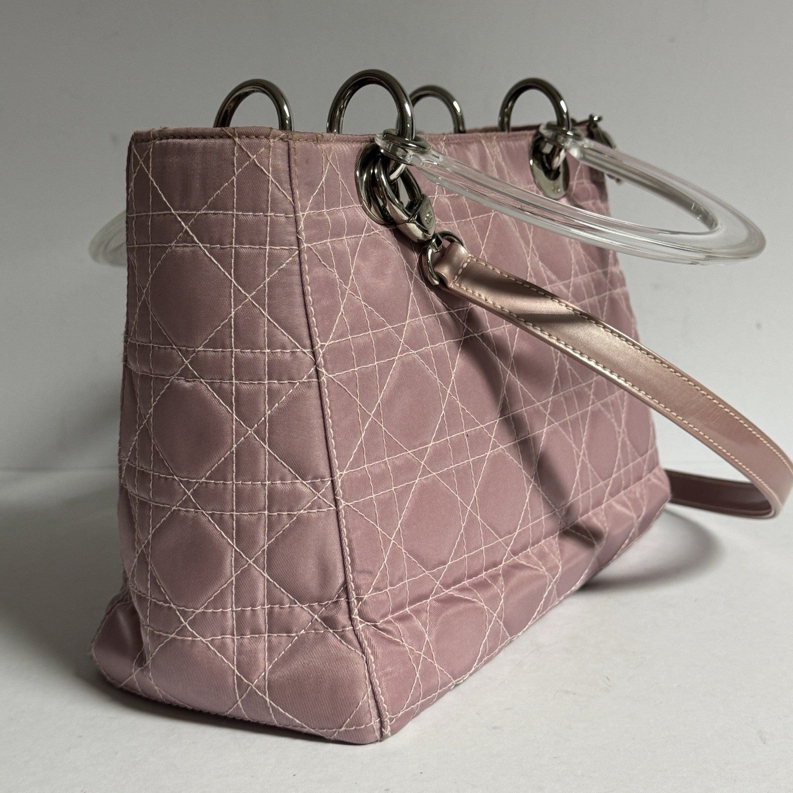 Lady Dior Rose Clear Handle Nylon small Shoulder Bag Rosa kleine Schultertasche