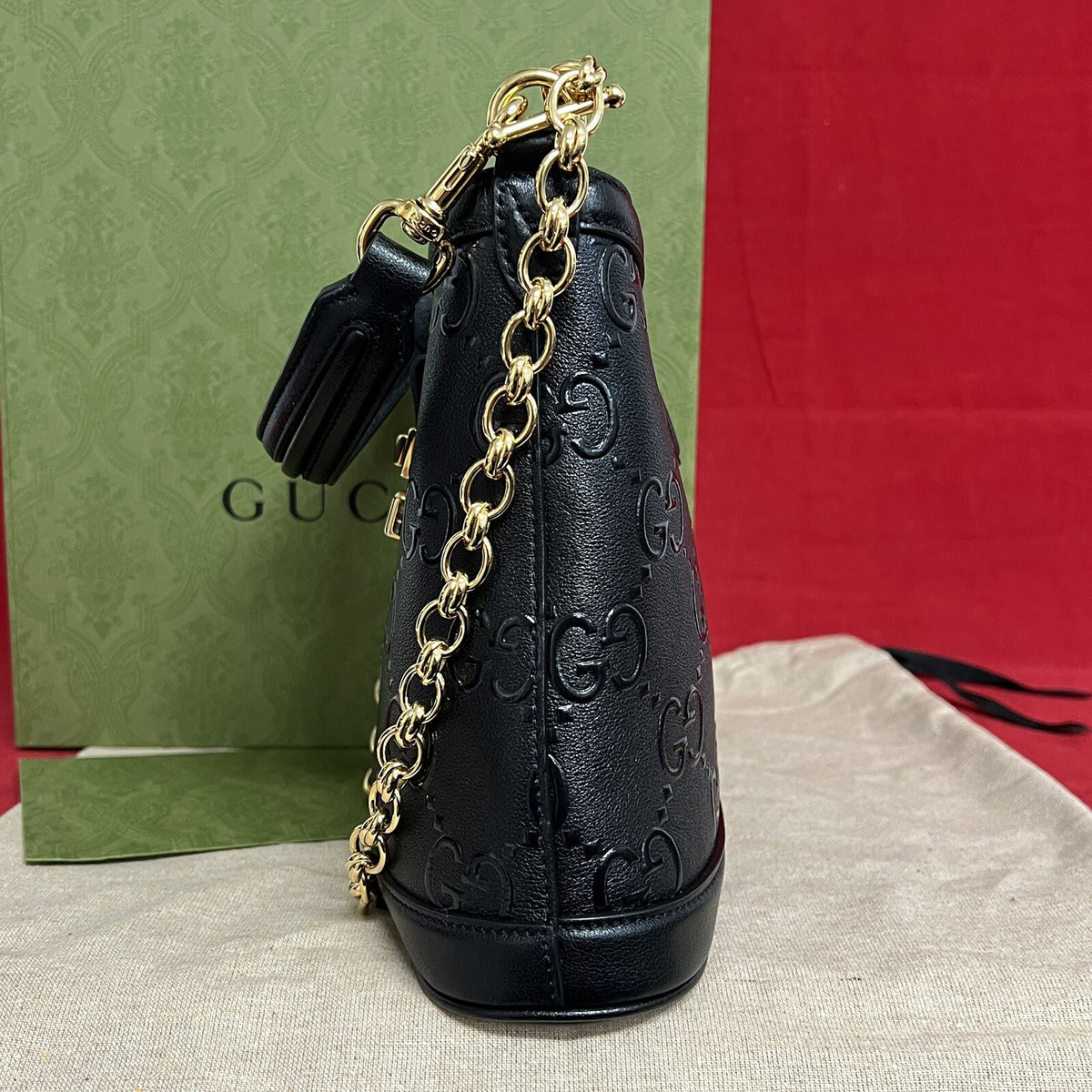 Gucci small GG Hobo Shoulder Bag Leather Black/Gold kleine Umhängetasche Schwarz