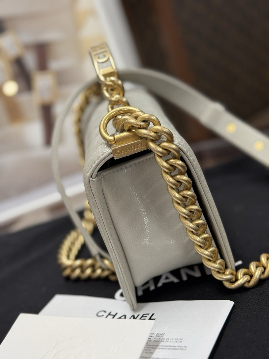 Chanel Top Handle Small Flap Bag Boy Caviar Hellgrau Gold