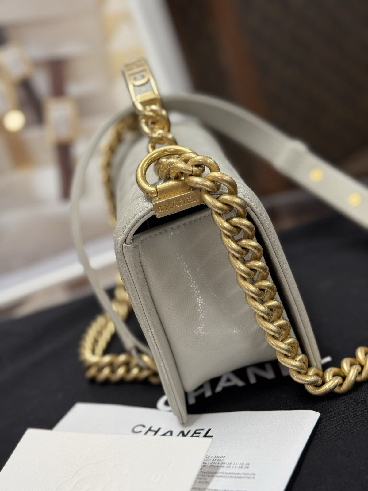 Chanel Top Handle Small Flap Bag Boy Caviar Hellgrau Gold