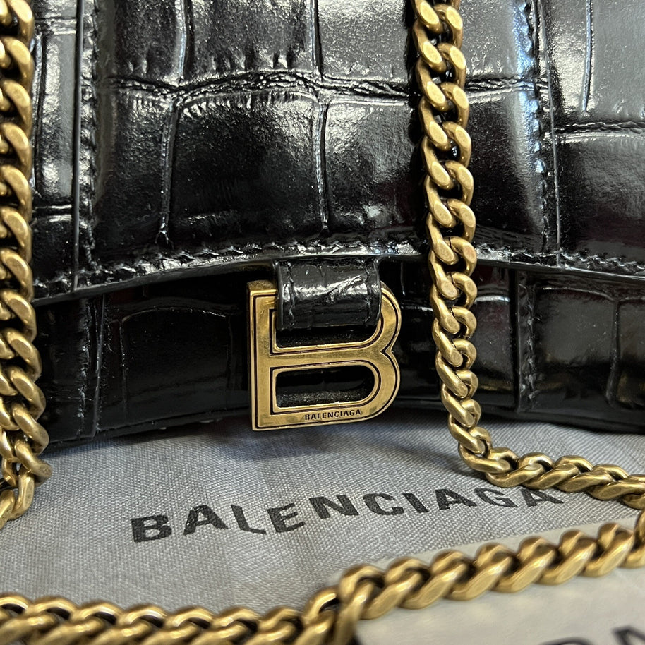 Balenciaga Hourglass Mini, Nano Umhängetasche Schwarz Kroko Glanz Leder, Gold