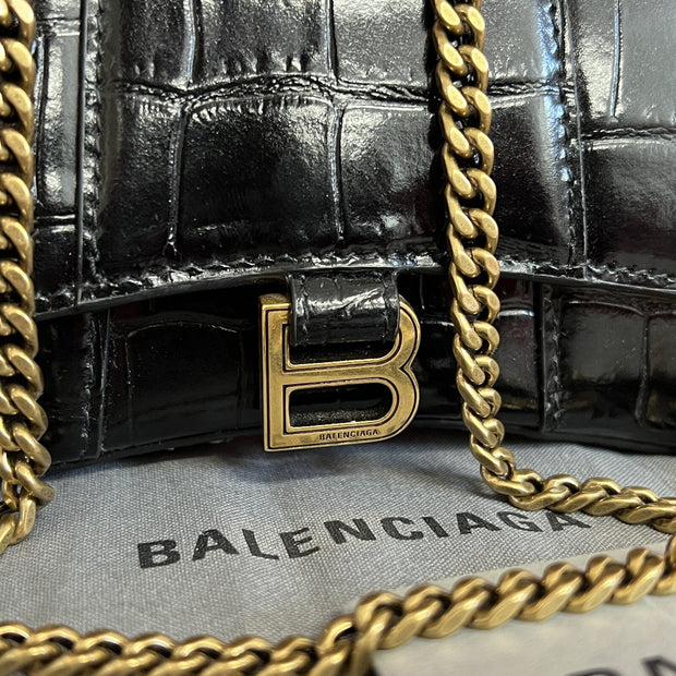 Balenciaga Hourglass Mini, Nano Umhängetasche Schwarz Kroko Glanz Leder, Gold