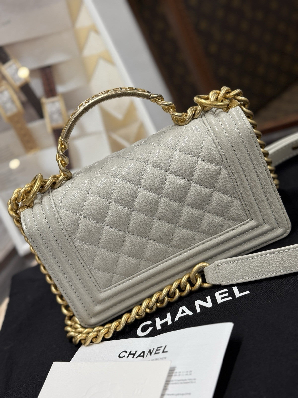 Chanel Top Handle Small Flap Bag Boy Caviar Hellgrau Gold