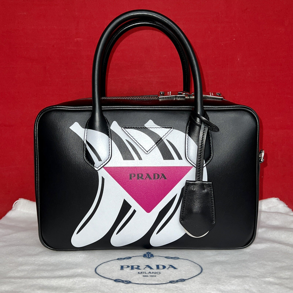 Prada 1BB049 City Calf Damen Umhängetasche Schwarz/Pink