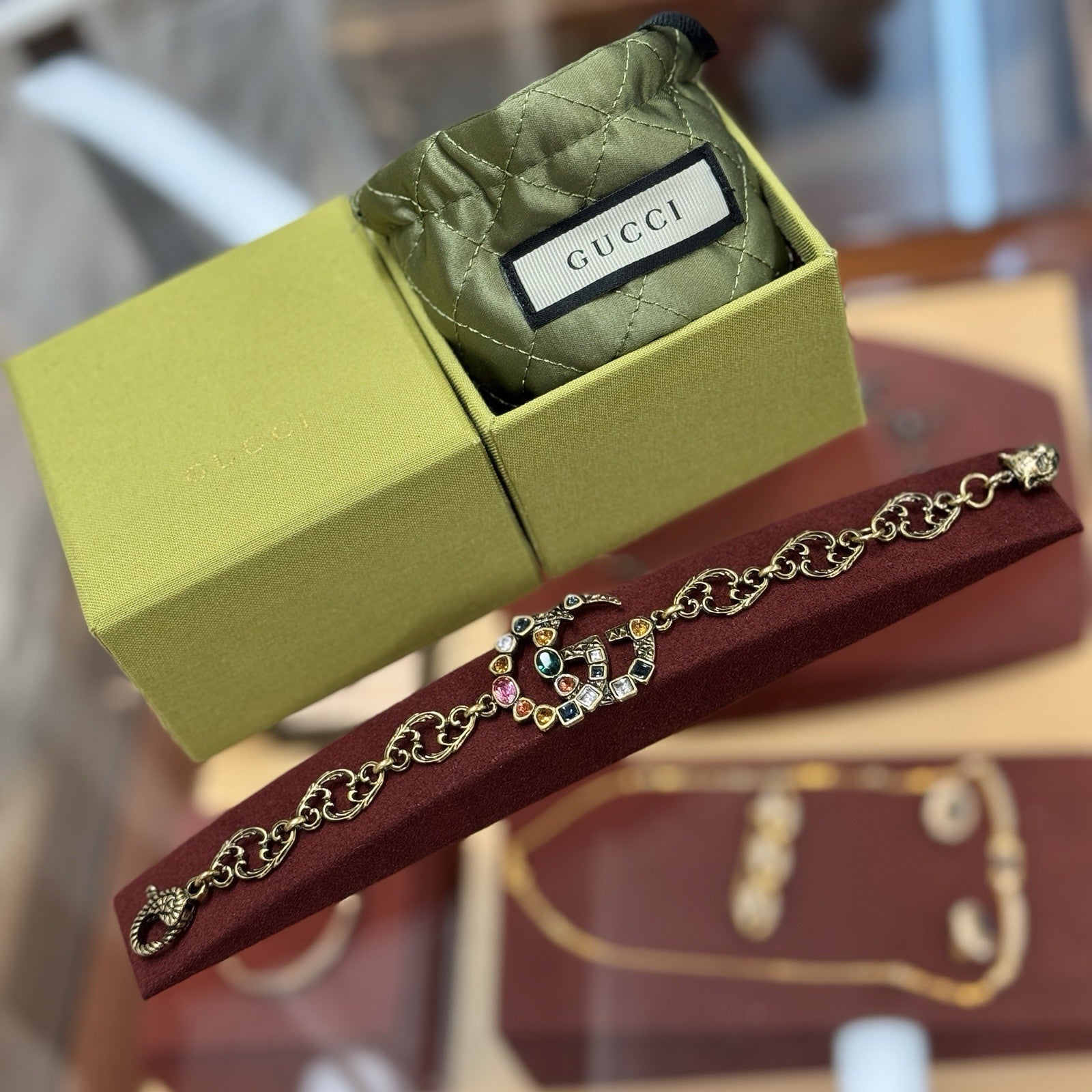 Gucci GG Multicolor Crystal Gemstones Double G Charm Bracelet Armband