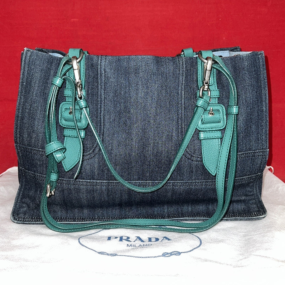 Prada 1BG122 Denim & Glace’cal Leder Shopper Damen Schultertasche NP. 1.600€!