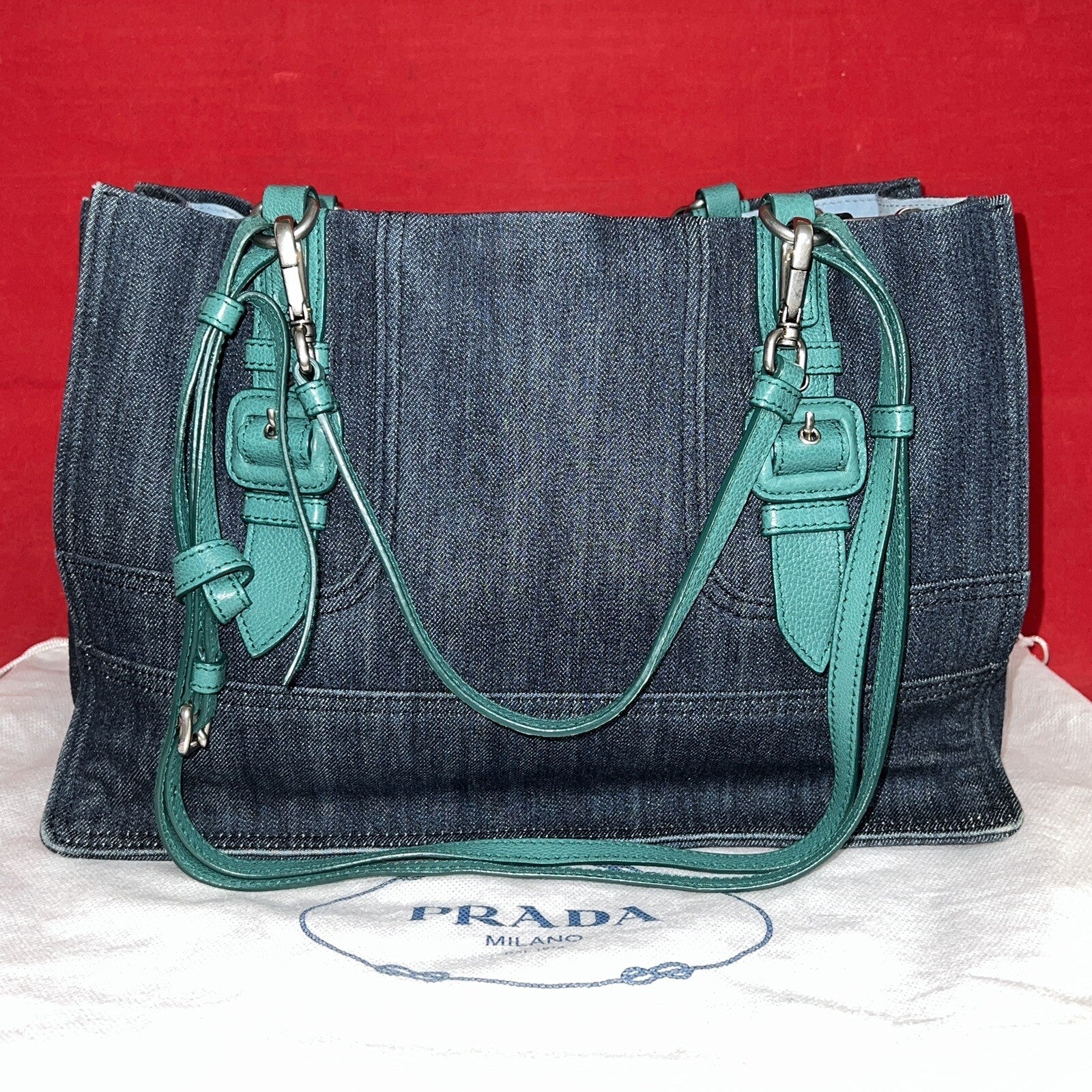Prada 1BG122 Denim & Glace’cal Leder Shopper Damen Schultertasche NP. 1.600€!