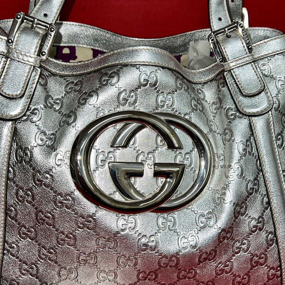 Gucci Guccissima Britt Silver Tote bag Damen Handtasche Silber Leder 162094