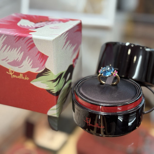 Pomellato Bahia Ring Gr. 53 Blauer Topas Fancy Cut & Rubine 18k 750er Gelbgold