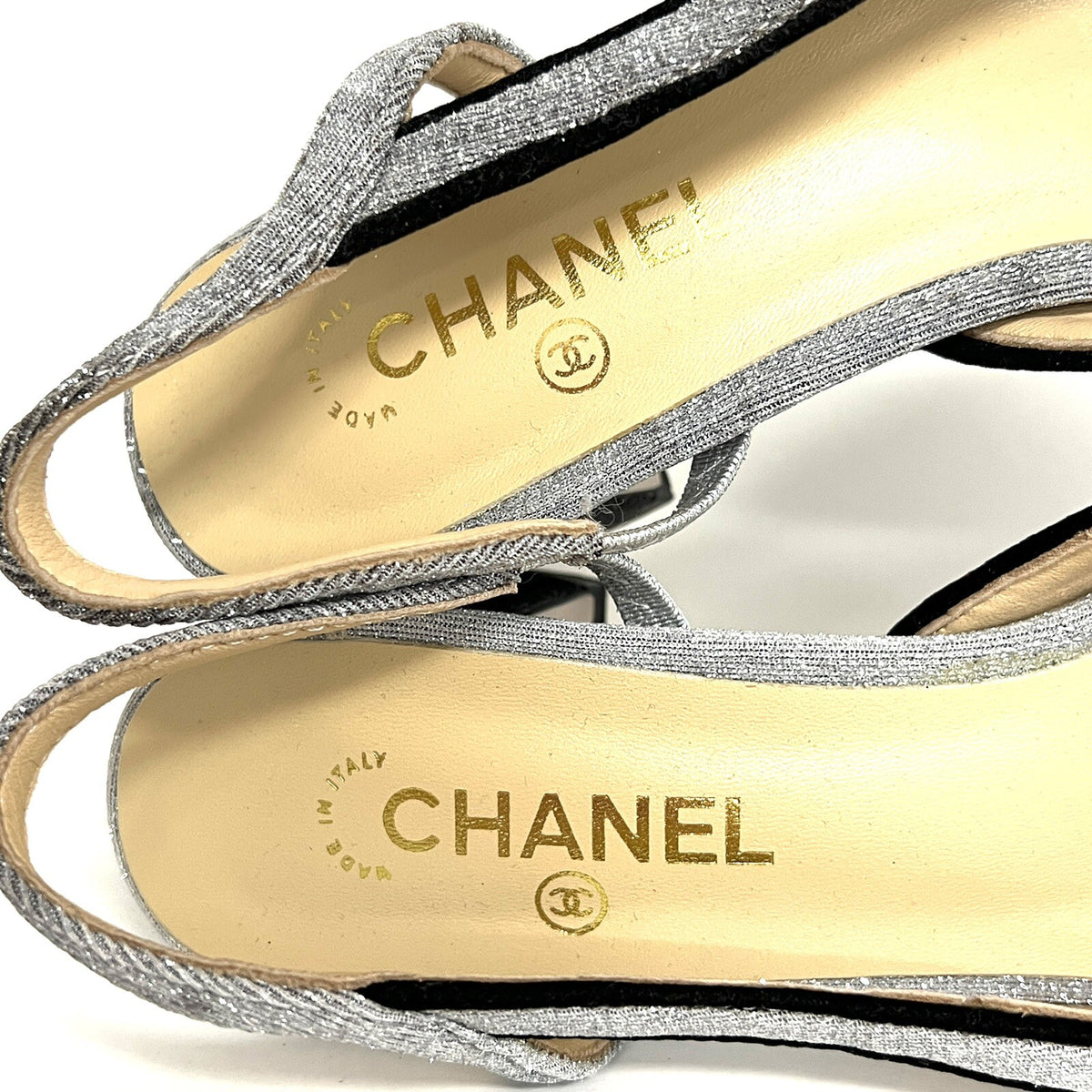 Chanel Paris Glitzer Glitter Pumps Gr. 38 Damenschuhe CC Silber/Schwarz
