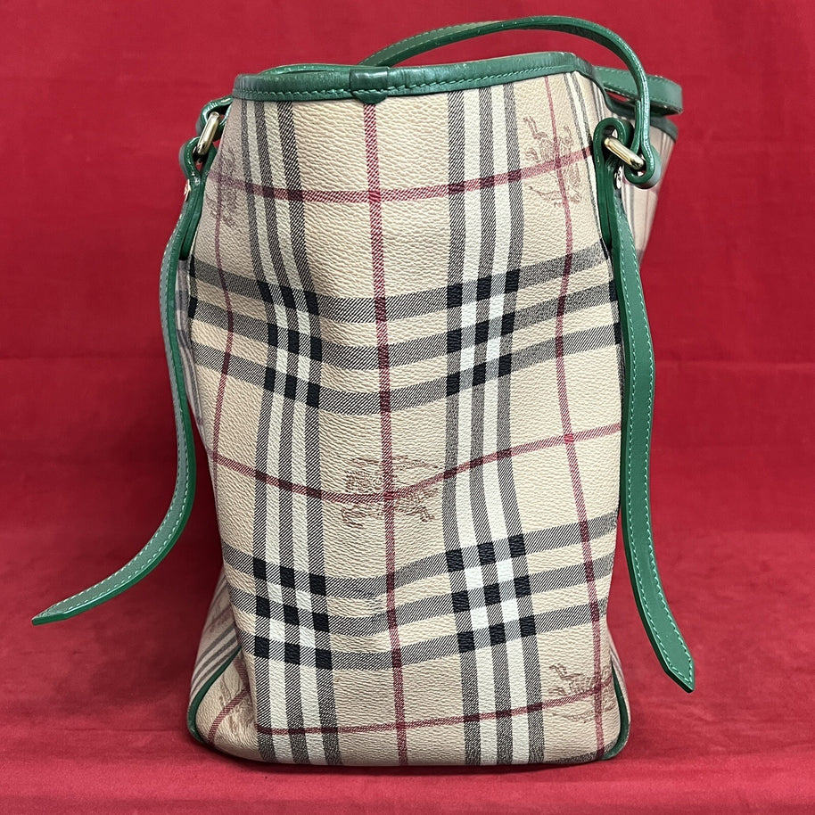 Große Burberry Shopper Damen Schultertasche Leder Beige & Grün Nova Check