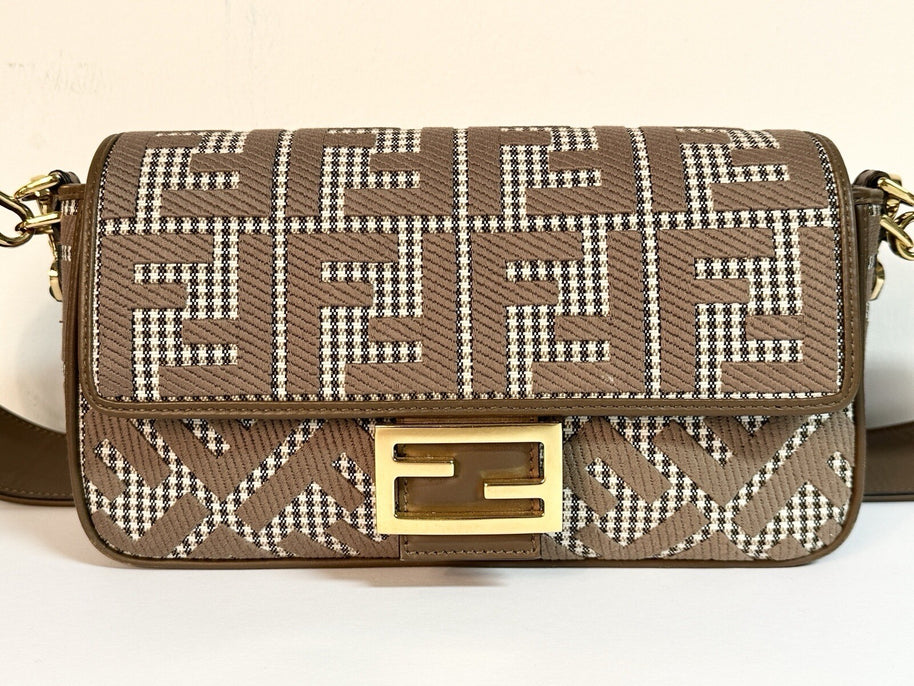 Fendi Baguette Medium Umhängetasche Braun & Gold Wolle Top Zustand