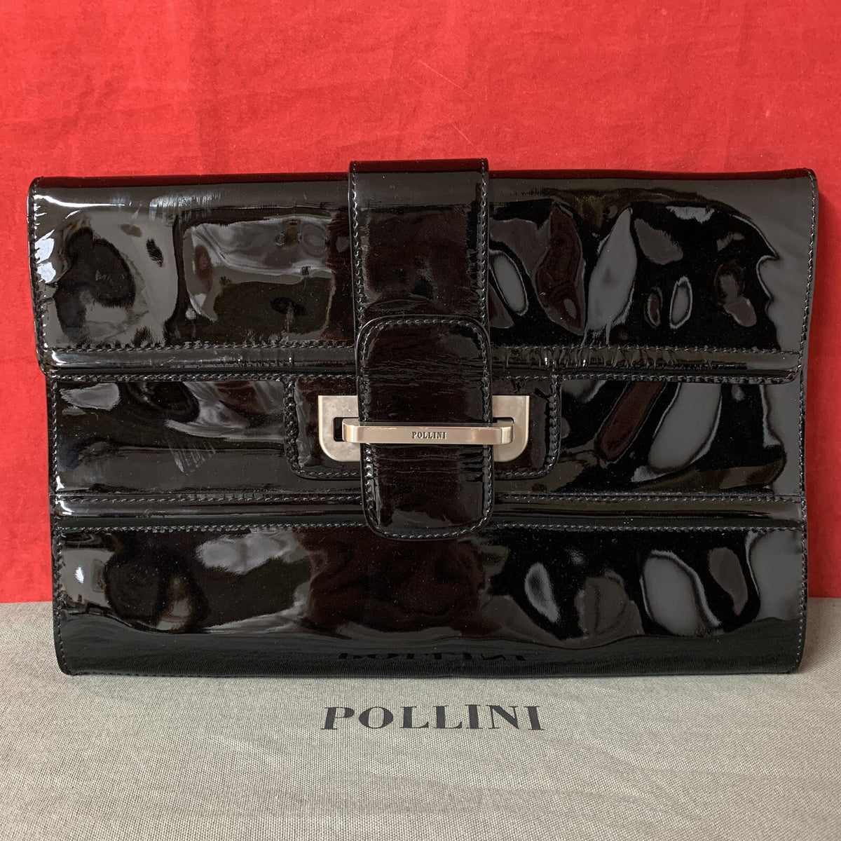 Pollini Made In Italy Damen Abendtäschchen Clutch Schwarz Lack Leder Handtasche