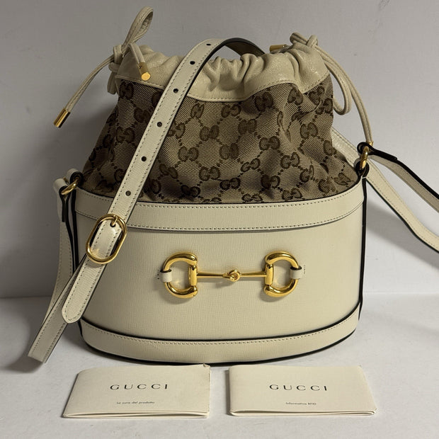 Gucci Horsebit Bucket Bag Umhängetasche Weiß Leder GG Supreme