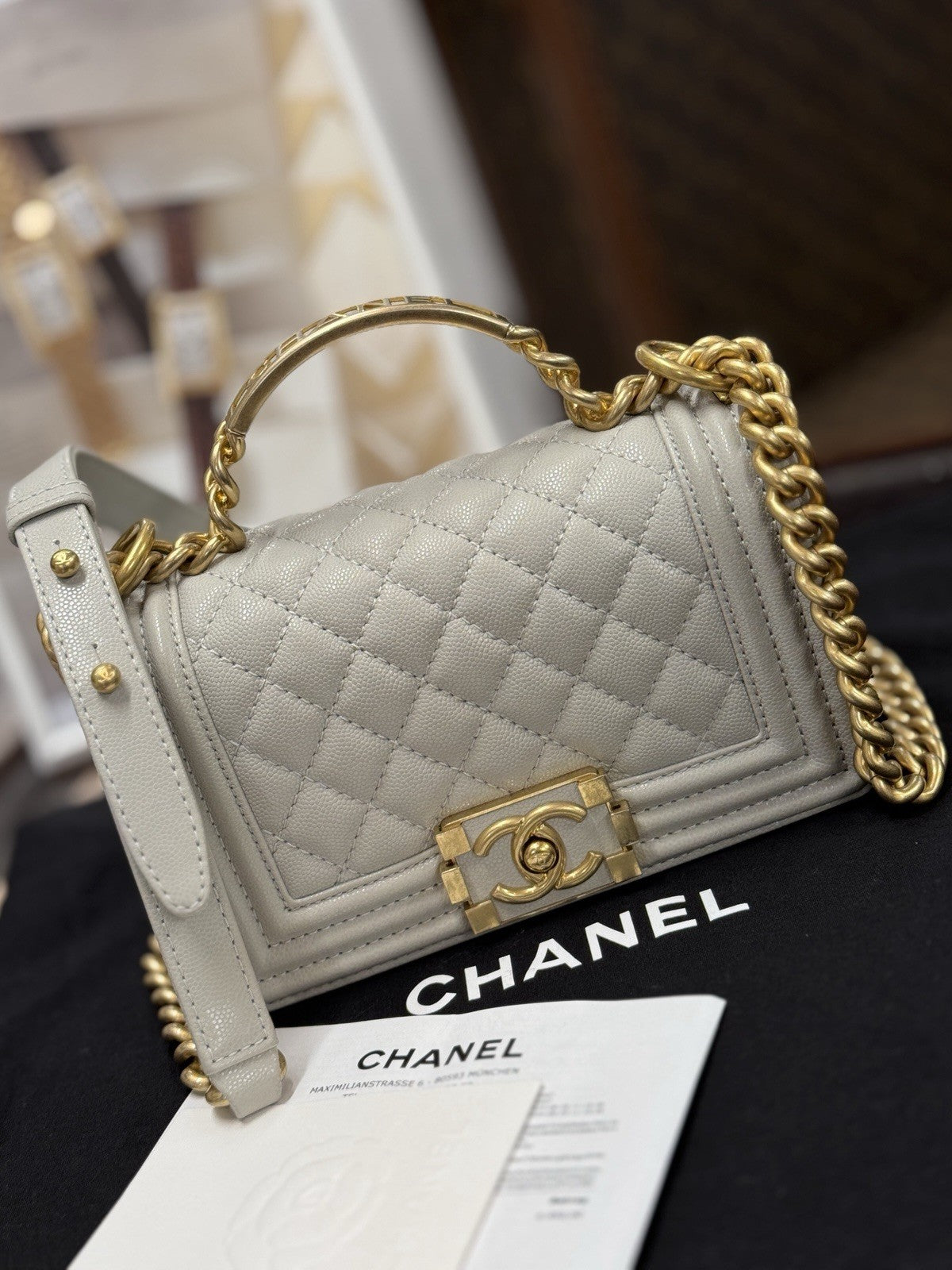 Chanel Top Handle Small Flap Bag Boy Caviar Hellgrau Gold