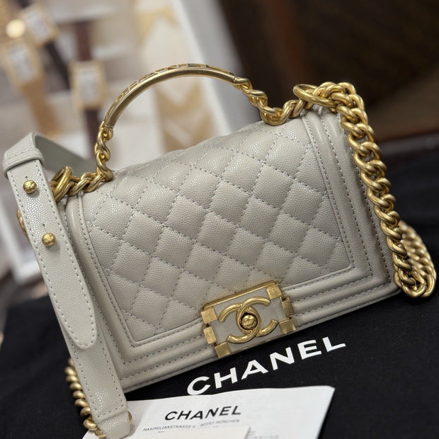 Chanel Top Handle Small Flap Bag Boy Caviar Hellgrau Gold