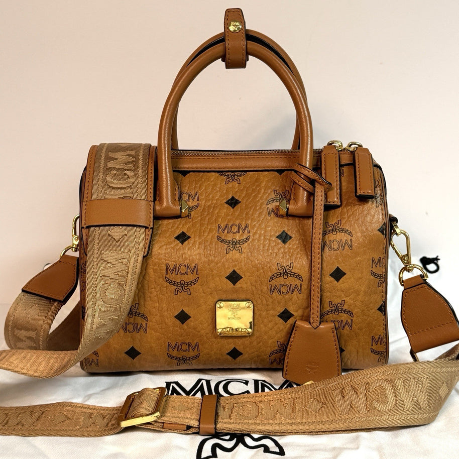 MCM Ella Boston Visetos Speedy Umhängetasche Braun Gold Top Zustand