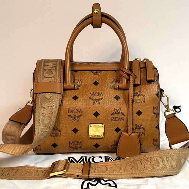 MCM Ella Boston Visetos Speedy Umhängetasche Braun Gold Top Zustand