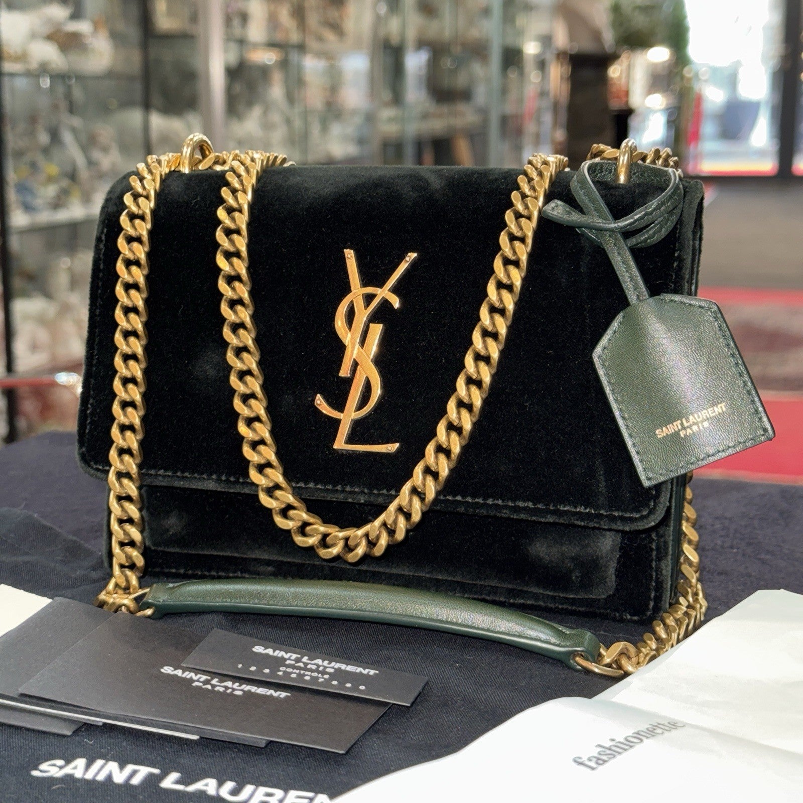 Saint Laurent Sunset Small Crossbody Bag Velvet Samt Dark Green