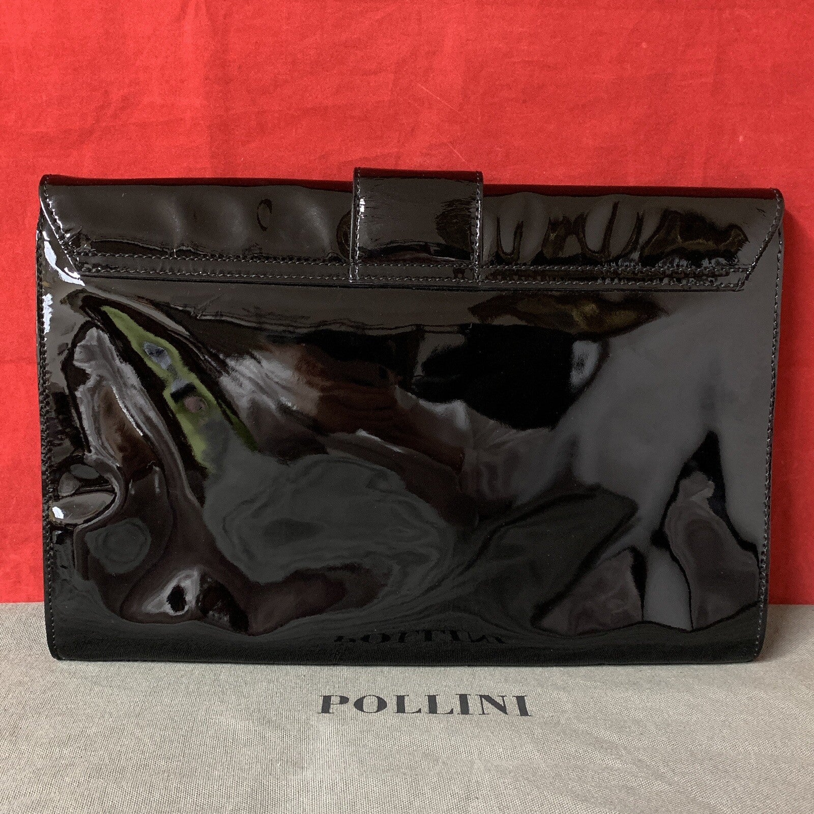 Pollini Made In Italy Damen Abendtäschchen Clutch Schwarz Lack Leder Handtasche