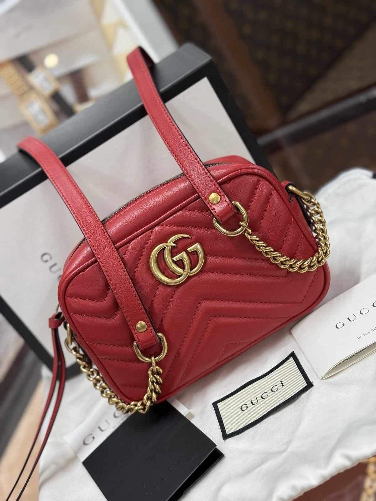 Gucci GG Marmont Mini-Kameratasche Schultertasche Leder Rot/Gold 448065