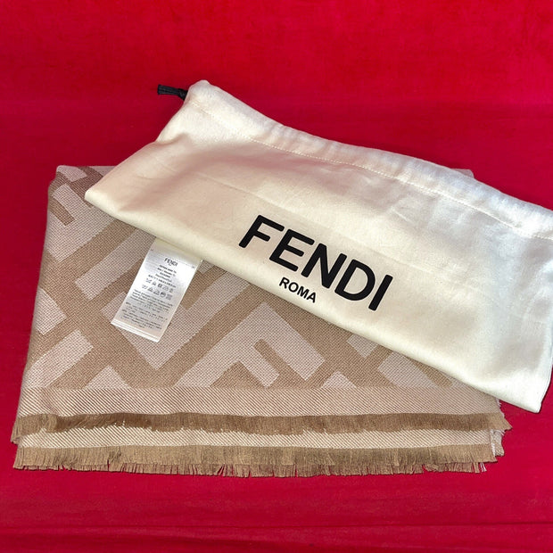 Fendi FF Shawl Wolle & Kaschmir Schal 140x140 cm Schultertuch beige/gold wie Neu