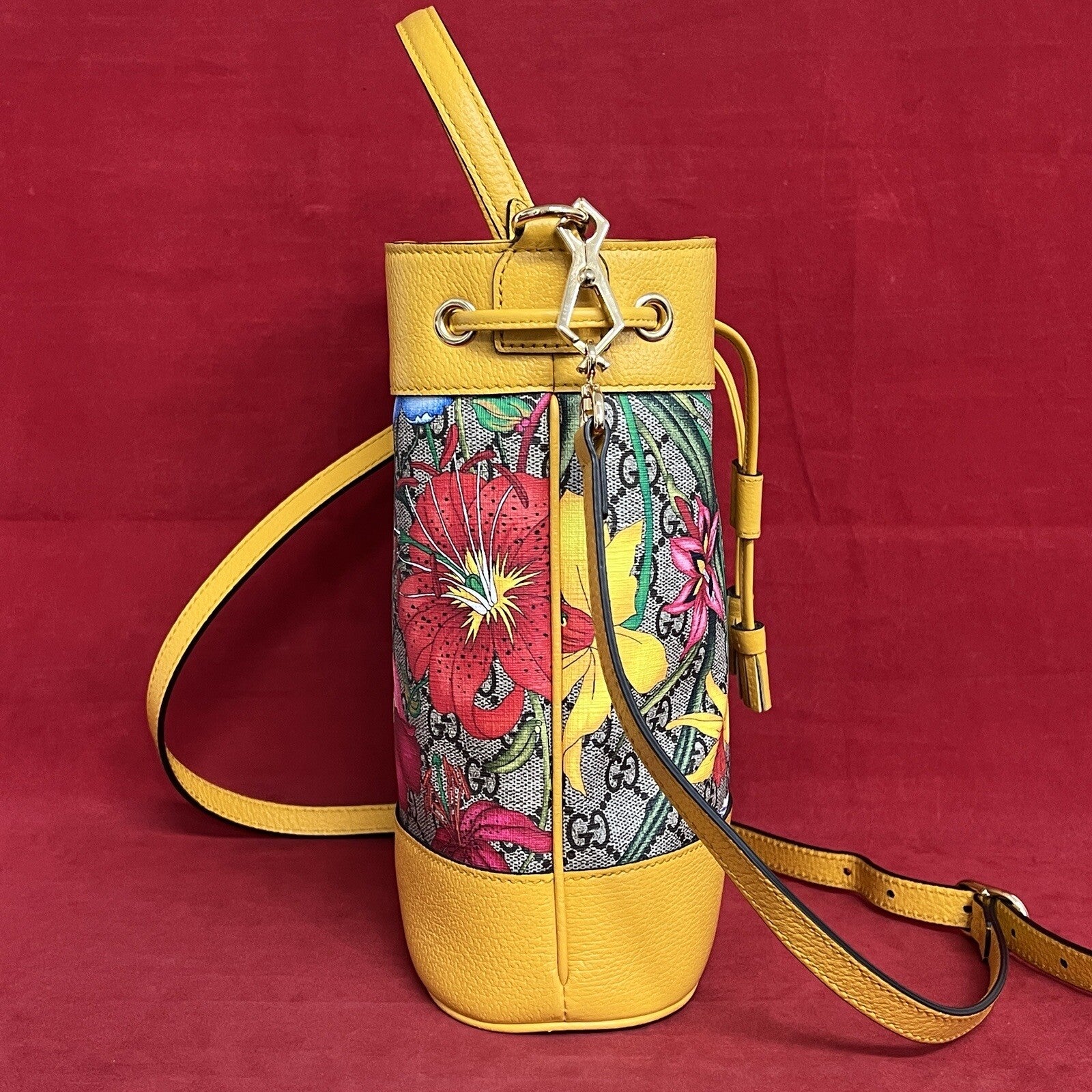 Gucci Flora Ophidia Bucket Bag Umhängetasche GG Supreme Modell:550621 Gelb Leder