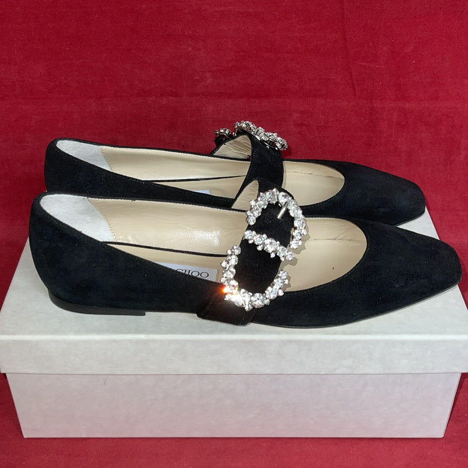 Jimmy Choo Ballerina Damenschuhe Pumps Veloursleder Schwarz Kristallen 38 1/2