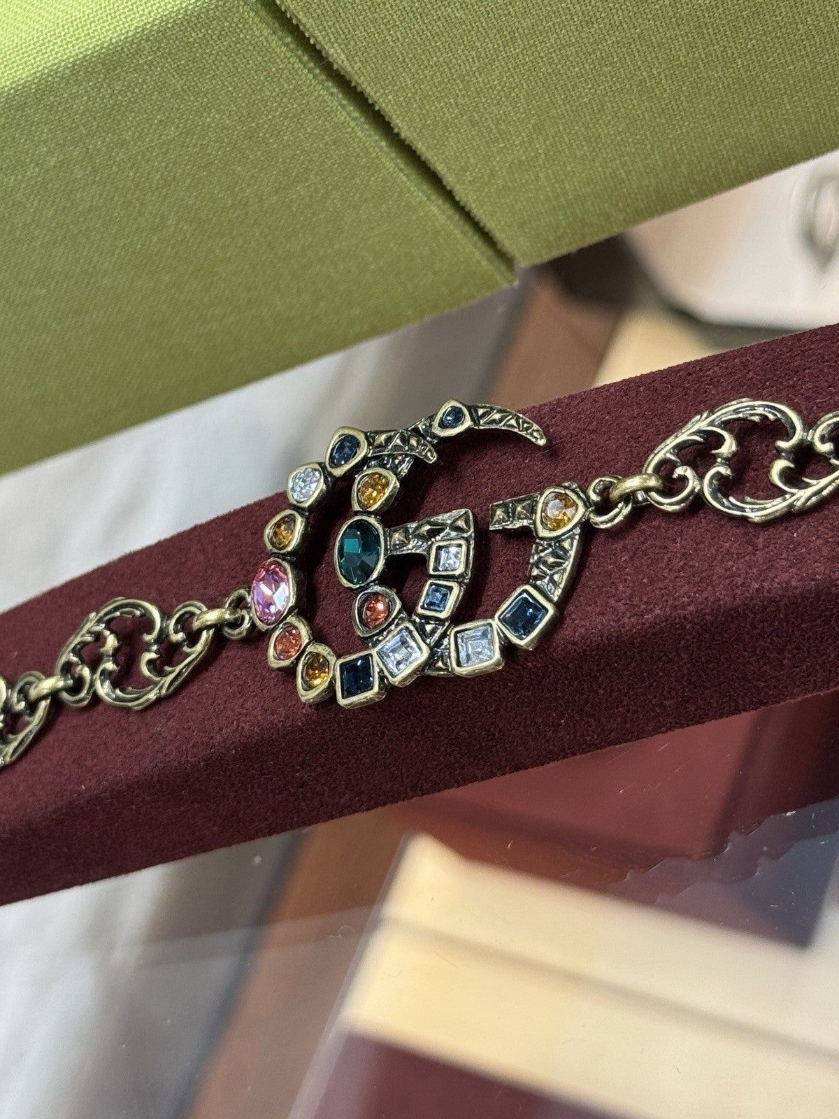 Gucci GG Multicolor Crystal Gemstones Double G Charm Bracelet Armband