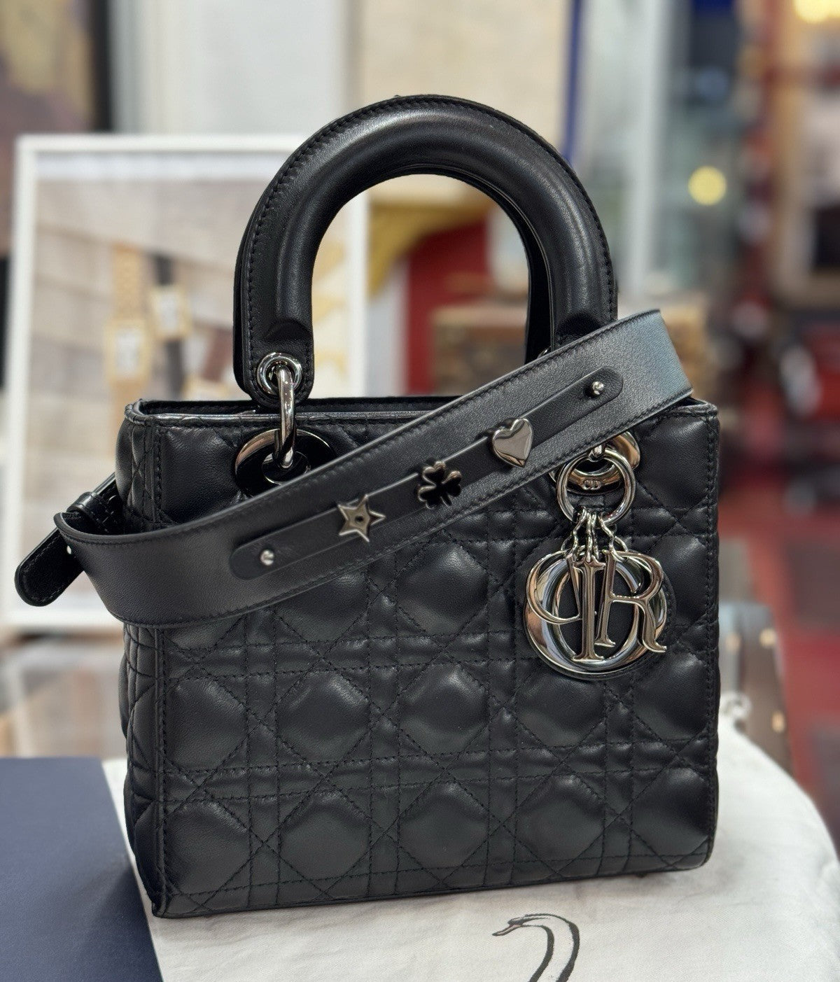 Kleine Lady Dior Small Schwarz Leder & Ruthenium HW All Black Umhängetasche