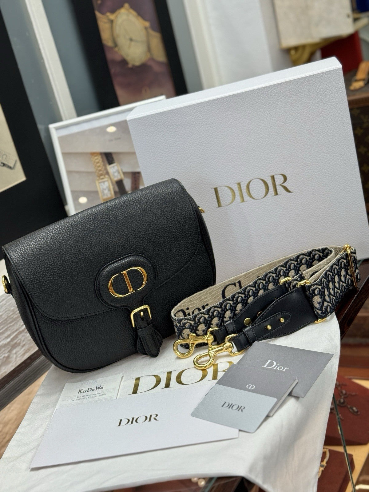 Große Dior Bobby Umhängetasche Genarbtes Kalbsleder Schwarz Dior Oblique Blau