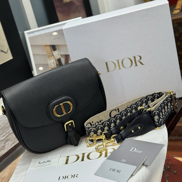 Große Dior Bobby Umhängetasche Genarbtes Kalbsleder Schwarz Dior Oblique Blau