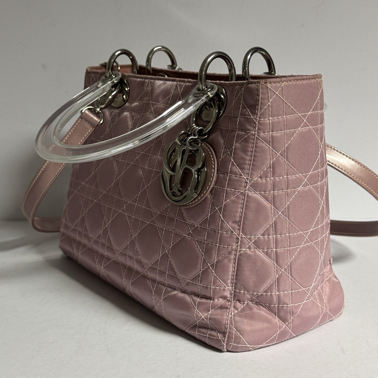 Lady Dior Rose Clear Handle Nylon small Shoulder Bag Rosa kleine Schultertasche