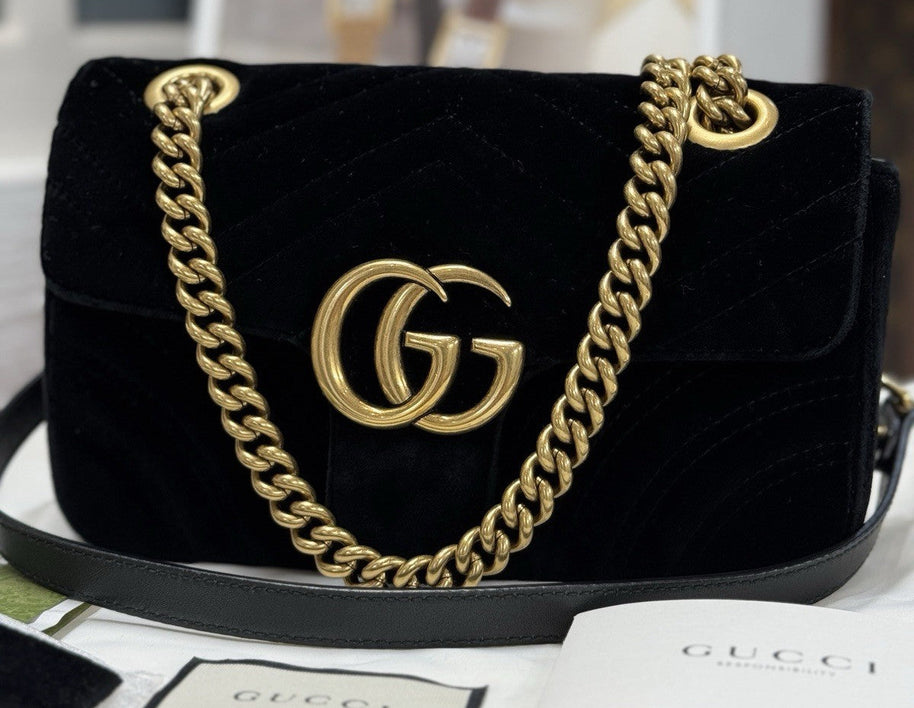 Gucci Kleine GG Marmont Schultertasche Samt Schwarz/Gold 446744