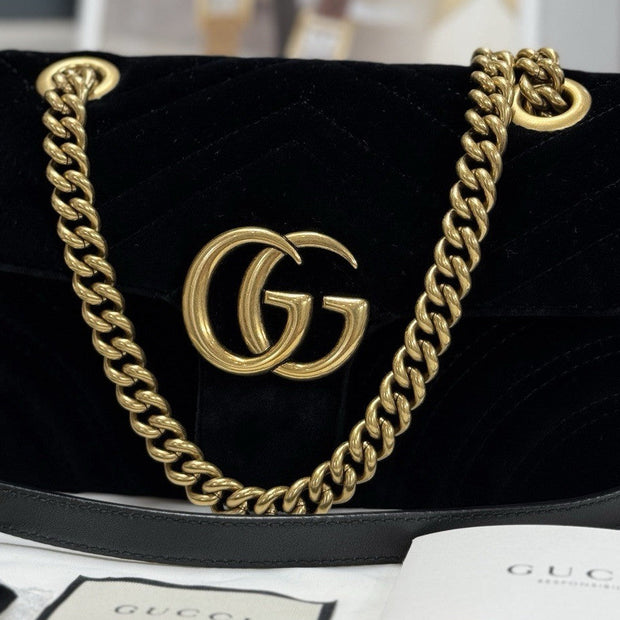 Gucci Kleine GG Marmont Schultertasche Samt Schwarz/Gold 446744