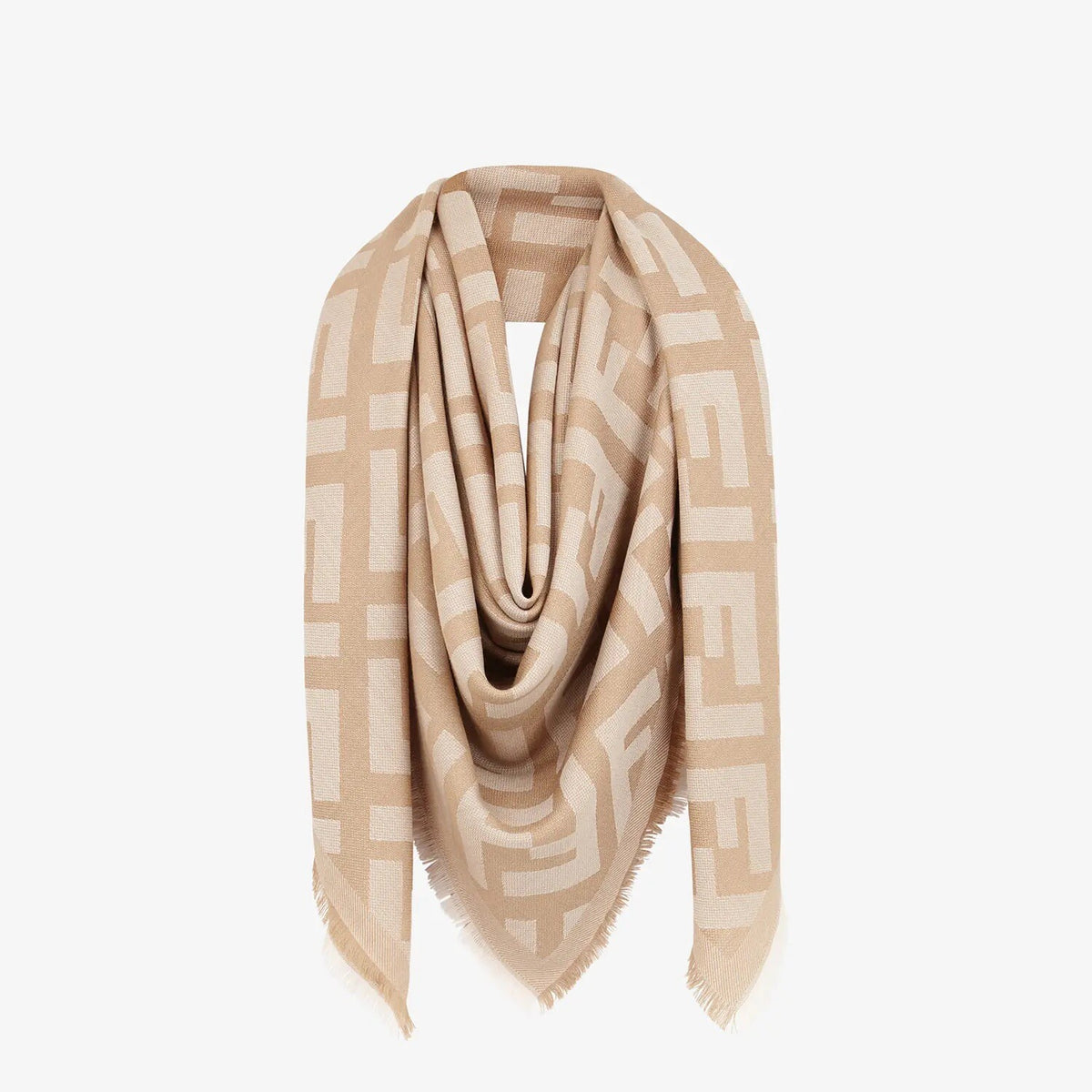 Fendi FF Shawl Wolle & Kaschmir Schal 140x140 cm Schultertuch beige/gold wie Neu