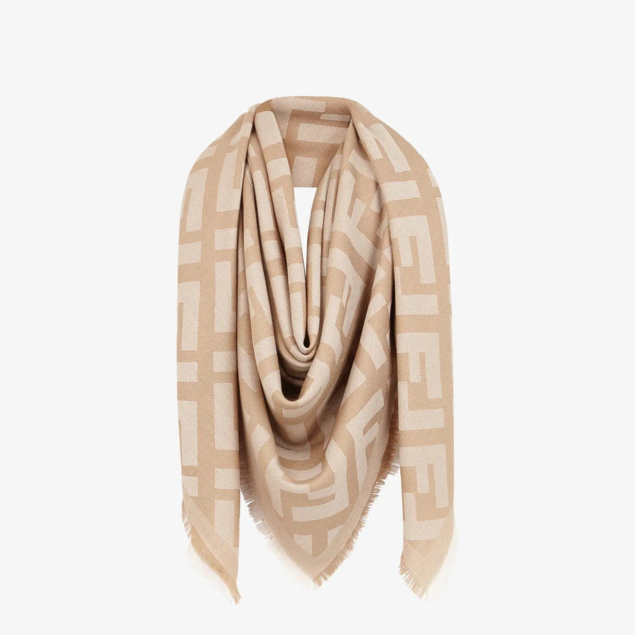Fendi FF Shawl Wolle & Kaschmir Schal 140x140 cm Schultertuch beige/gold wie Neu