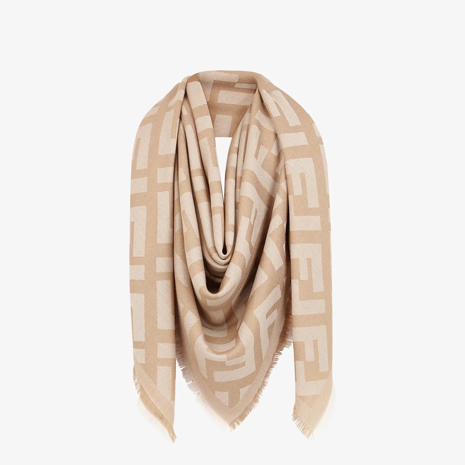 Fendi FF Shawl Wolle & Kaschmir Schal 140x140 cm Schultertuch beige/gold wie Neu